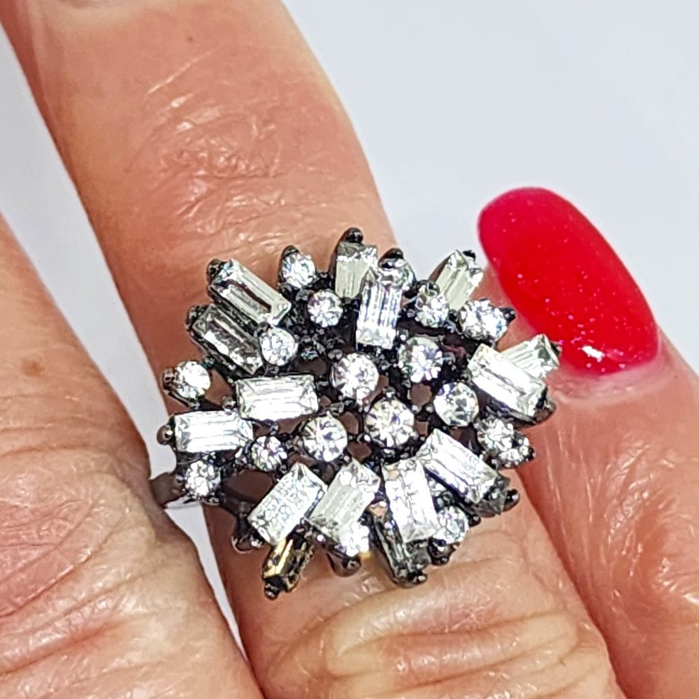 Baguette and Round White Rhinestone Dome Dressy Gunmetal Gray Cocktail Ring SZ 5